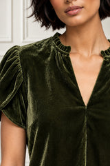 Tulip Sleeve Velvet Blouse | Dark Olive