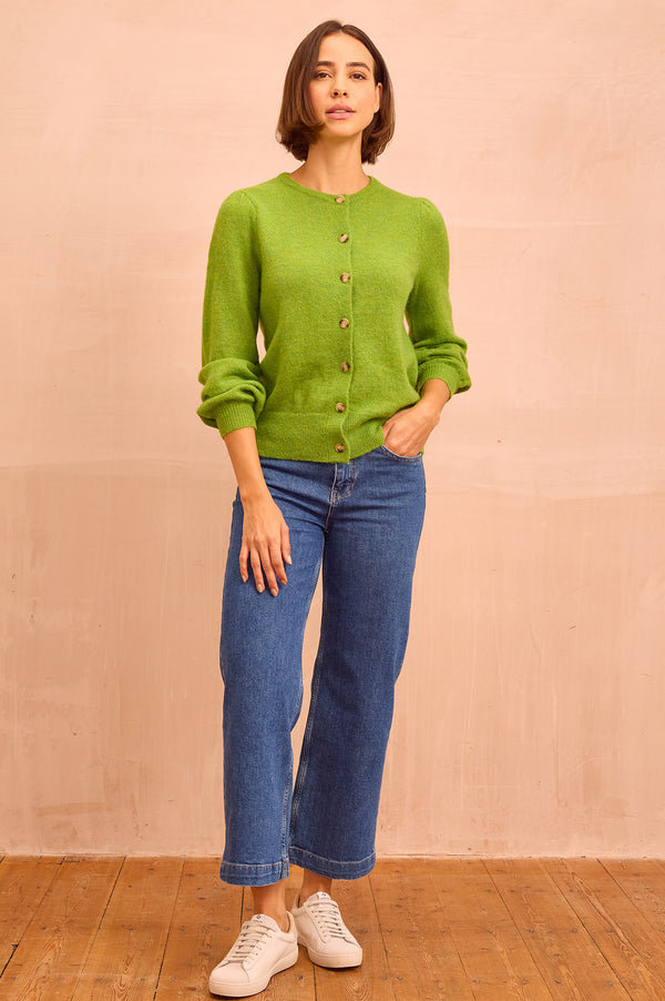 Alpaca Blend Puff Sleeve Cardigan | Green