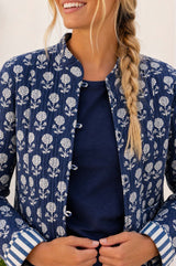 Cotton Printed Quilted Reversible Jacket | Navy/White