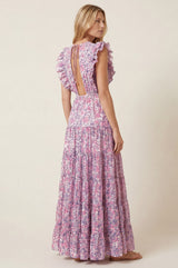 V Neck Rose Maxi Dress | White/Green/Pink