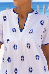 India Embroidered Organic Cotton Dress | White/Blue