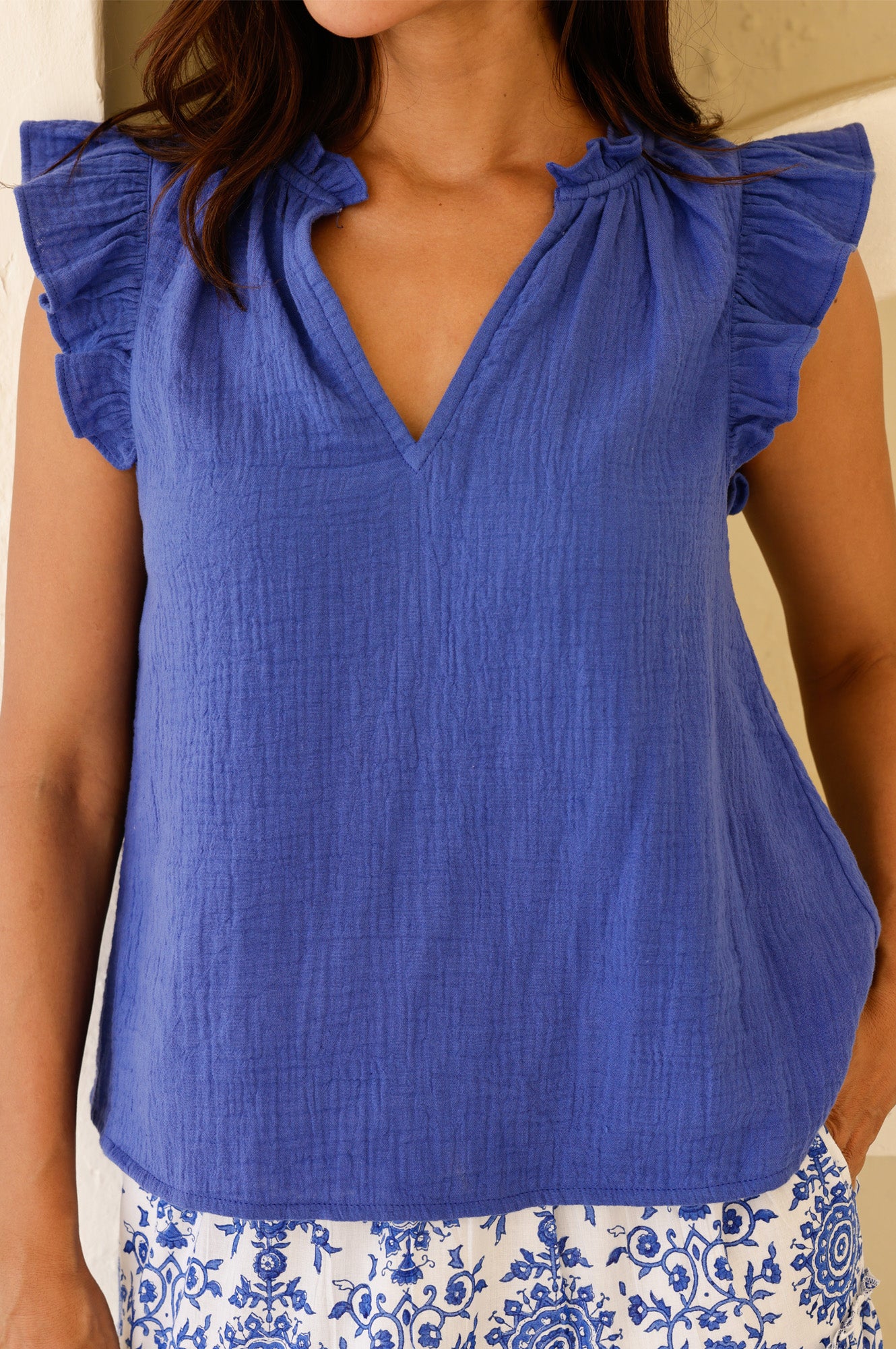 APPROVED * Frill Sleeve Organic Cotton Cheesecloth Top | Cobalt - Aspiga