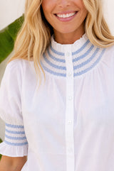 Embroidered Smocked Short Sleeve Blouse | White/Cornflower
