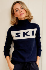 Merino Wool Ski Slim Polo Neck Jumper | Dark Navy/Cream