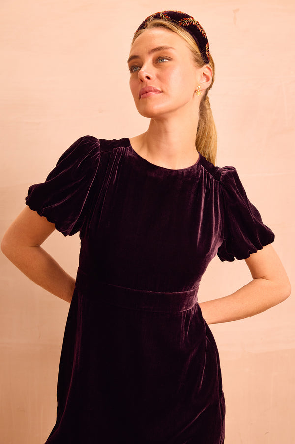 Dulcie Velvet Puff Sleeve Dress | Aubergine