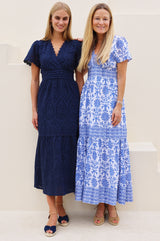 APPROVED Pippa Organic Cotton Short Sleeve Block Print Dress | White/Cobalt - Aspiga