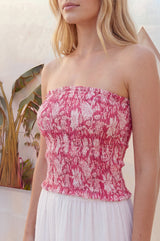 Shirred Bandeau Top | Pink/White