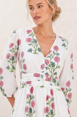 Jyoti Cotton Midi Dress | White/Pink/Green