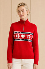 Merino Wool Snowflake Fairisle Quarter Zip Jumper | Red/Navy/White