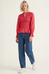 Long Sleeve Shirred Blouse | Red/Pink