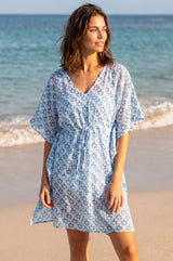 Manilla Organic Cotton Kaftan | White/Blue/ Turquoise
