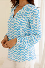 Clea Viscose Crinkle Blouse | Ikat White/Turquoise