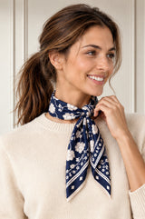 Floral Print Cotton Scarf 70cm x 70cm | Navy/Cream