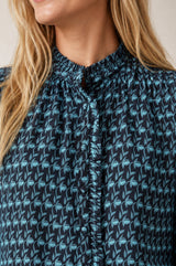 Printed Frill Collar Blouse | Navy/Ice Blue