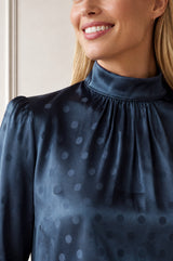 Satin Jacquard Spot Blouse | Navy