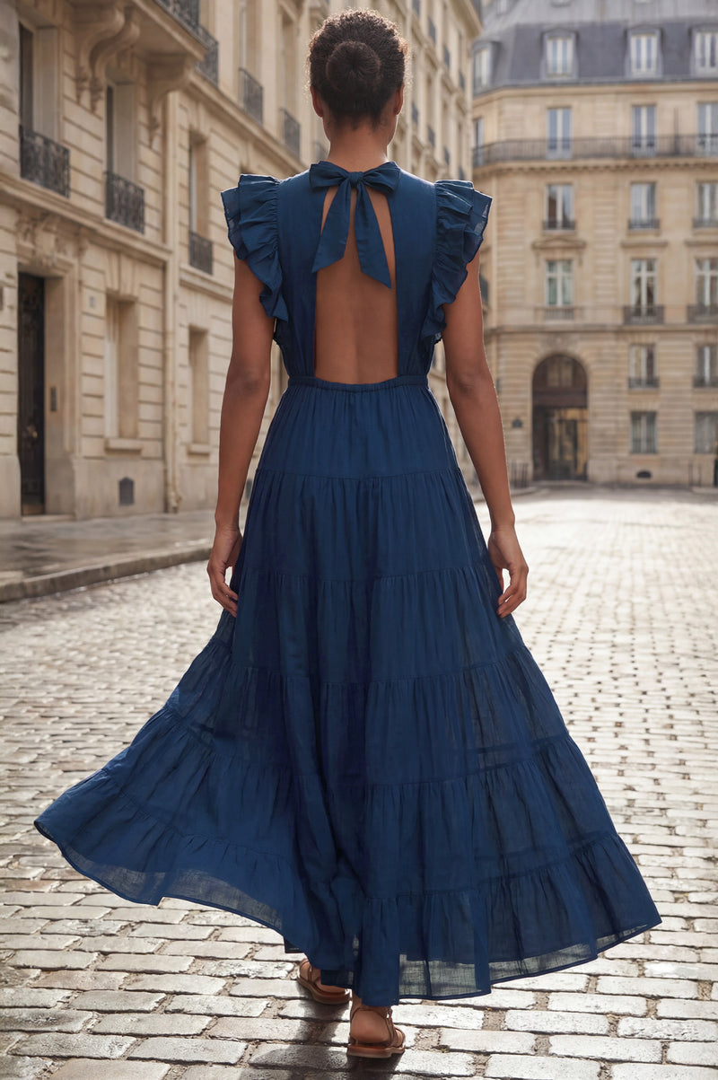 lavish perfection navy blue ruffled tiered maxi dress Aspiga Sustainable Womens Rose Frill Maxi Dress Wedding Guest Occasion  Khaki/Orange
