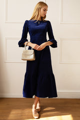 Victoria Round Neck 3/4 Sleeve Stretch Corduroy Dress | Atlantic Blue