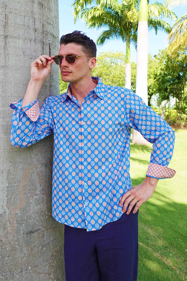 Men's Printed Cotton Shirt | Hyacinth Blue/Orange