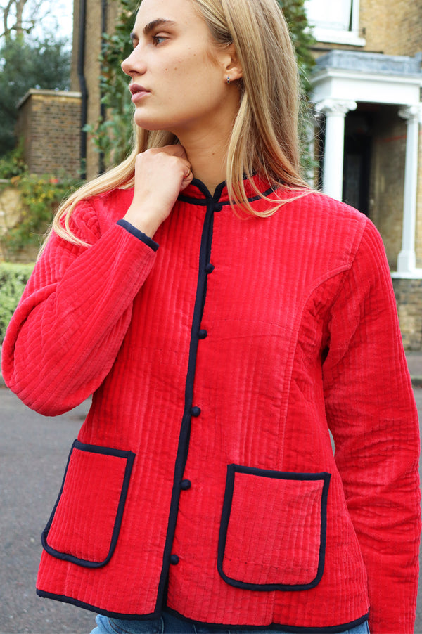 Velvet Quilted Jacket | Red/Navy