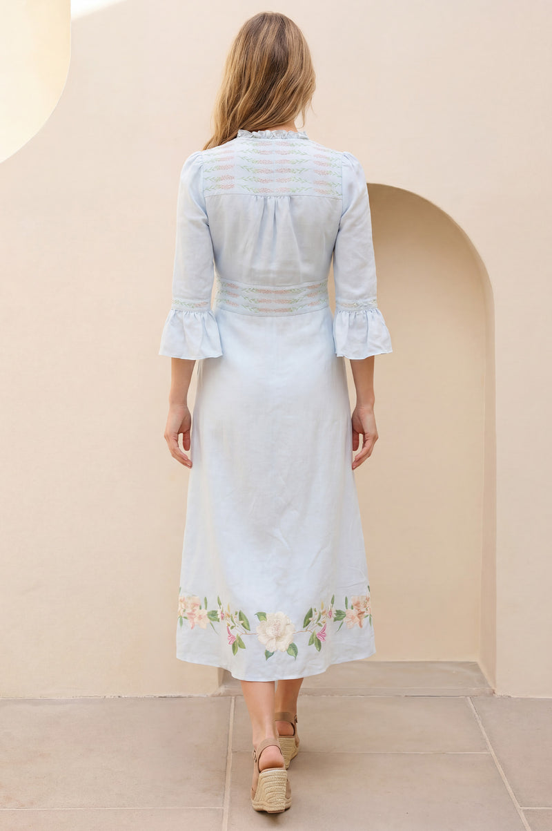 princess polly baby blue dress Zimmermann Blue Floral Printed Linen Vitali Belted Maxi Dress M Zimmermann