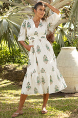 APPROVED Jyoti Organic Cotton Dress | Off White/Teal - Aspiga