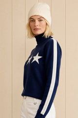 Merino Wool Star Polo Neck Jumper | Navy/Off white