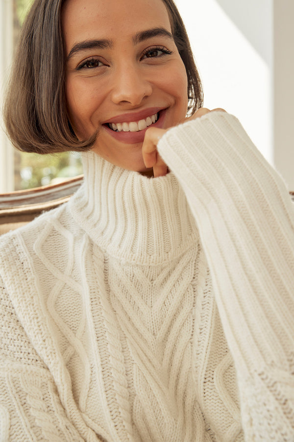 Merino Wool Cable Knit Funnel Neck Jumper | Cream
