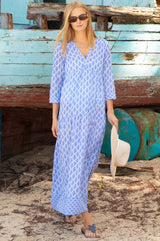 Mykonos Organic Cotton Maxi Dress | White/Blue - Aspiga