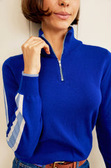Merino Wool Overarm Stripe Quarter Zip Jumper | Cobalt/Navy/Cream