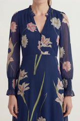 RHS Printed V Neck Chiffon Dress | Navy