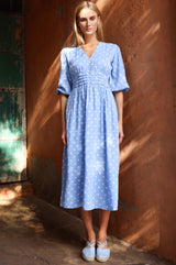 APPROVED * Jyoti Printed Rayon Dress | Polka Dot Cornflower/White - Aspiga