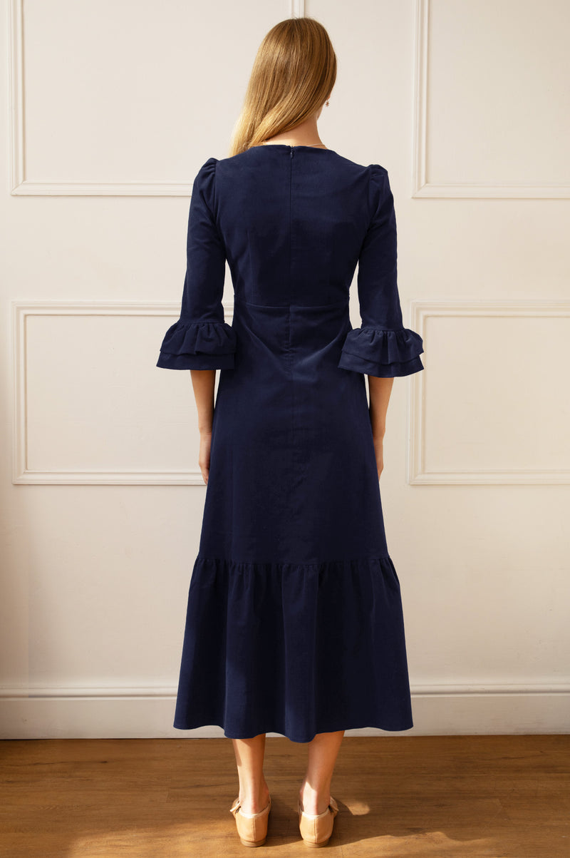Victoria Round Neck 3/4 Sleeve Stretch Corduroy Dress | Atlantic Blue