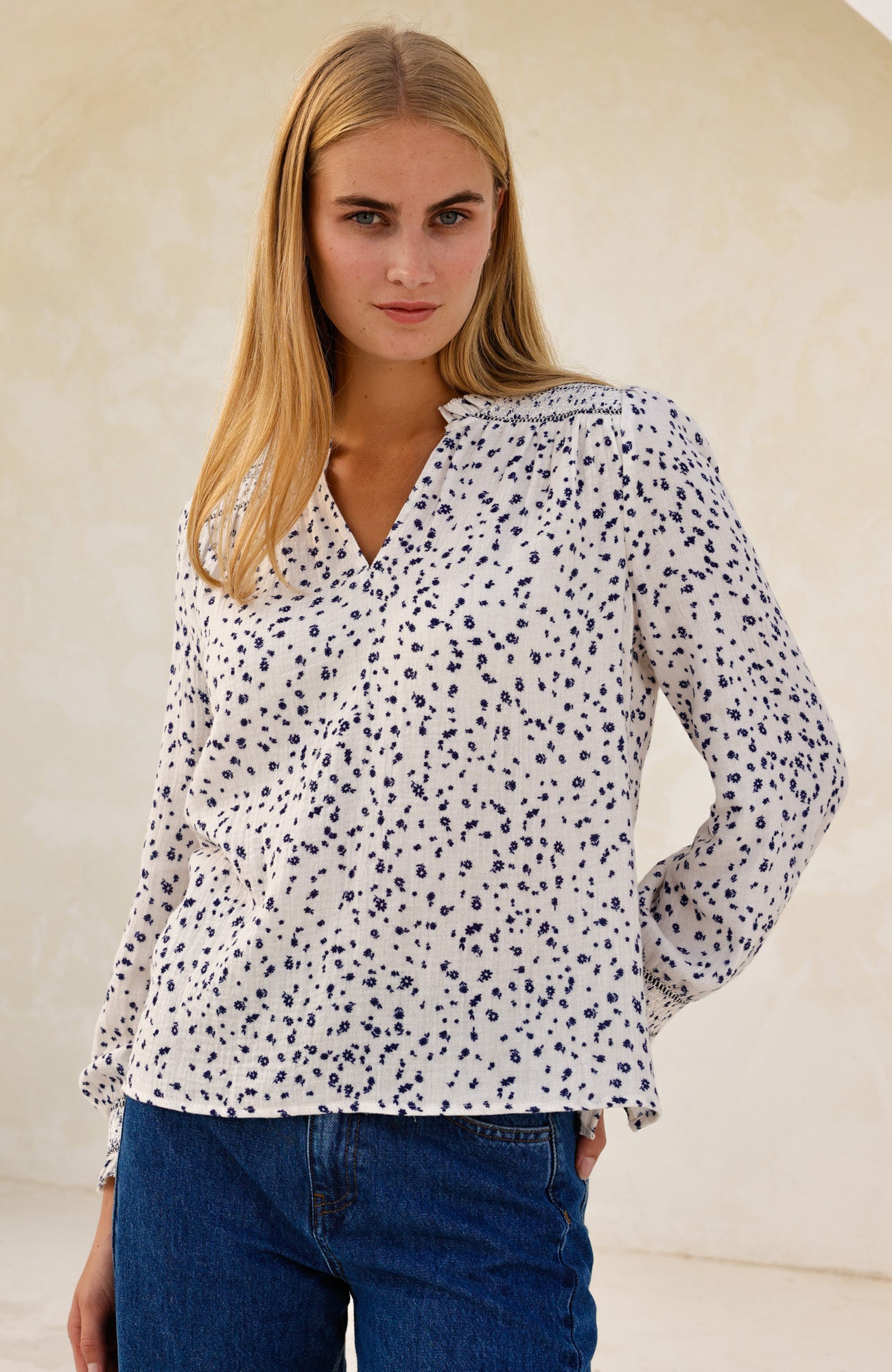 Printed Smocked Organic Cotton Cheesecloth Blouse | Ecru/Navy