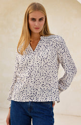 Printed Smocked Organic Cotton Cheesecloth Blouse | Ecru/Navy