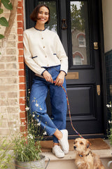Merino Wool Blanket Stitch Cardigan | Cream/Navy