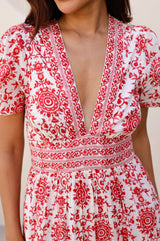 Pippa Organic Cotton Short Sleeve Block Print Dress | Red - Aspiga