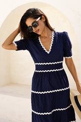 Viola Short Sleeve Organic Cotton Ric Rac Dress | Navy/Ivory