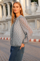 Nina Tie Neck Printed Top | Blue