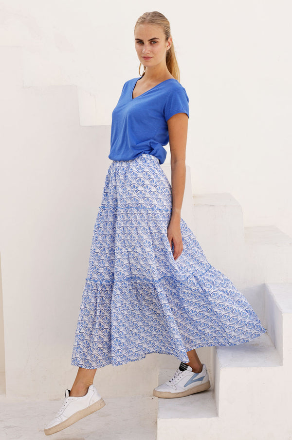 Bea Printed Organic Cotton Skirt | Clover Arches White/Blue