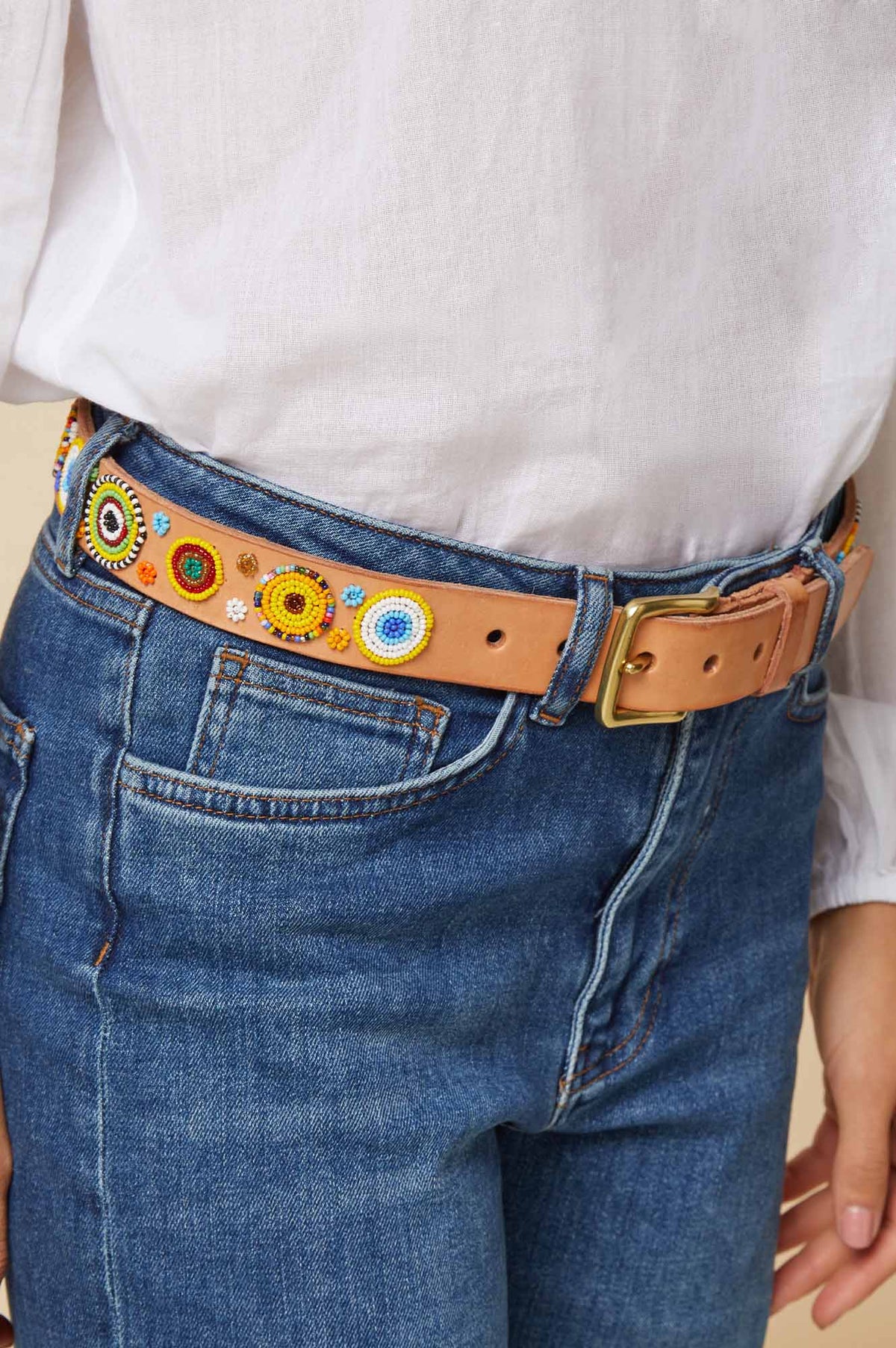 Belt Beaded Circles Handmade Masaai Maasai Masai leather Sz 35 (34\
