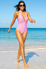 APPROVED Recycled Halterneck Gathered Swimsuit | White/Pink - Aspiga