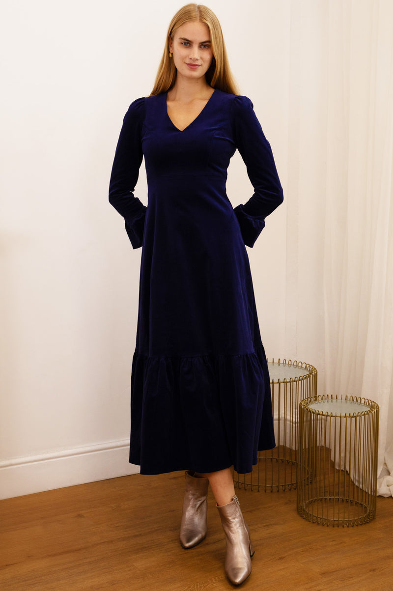 Victoria V-Neck Long Sleeve Stretch Corduroy Dress | Atlantic Blue