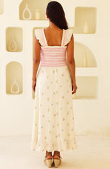 Rhianna Embroidered Flutter Sleeve Dress | Ecru/Multi - Aspiga