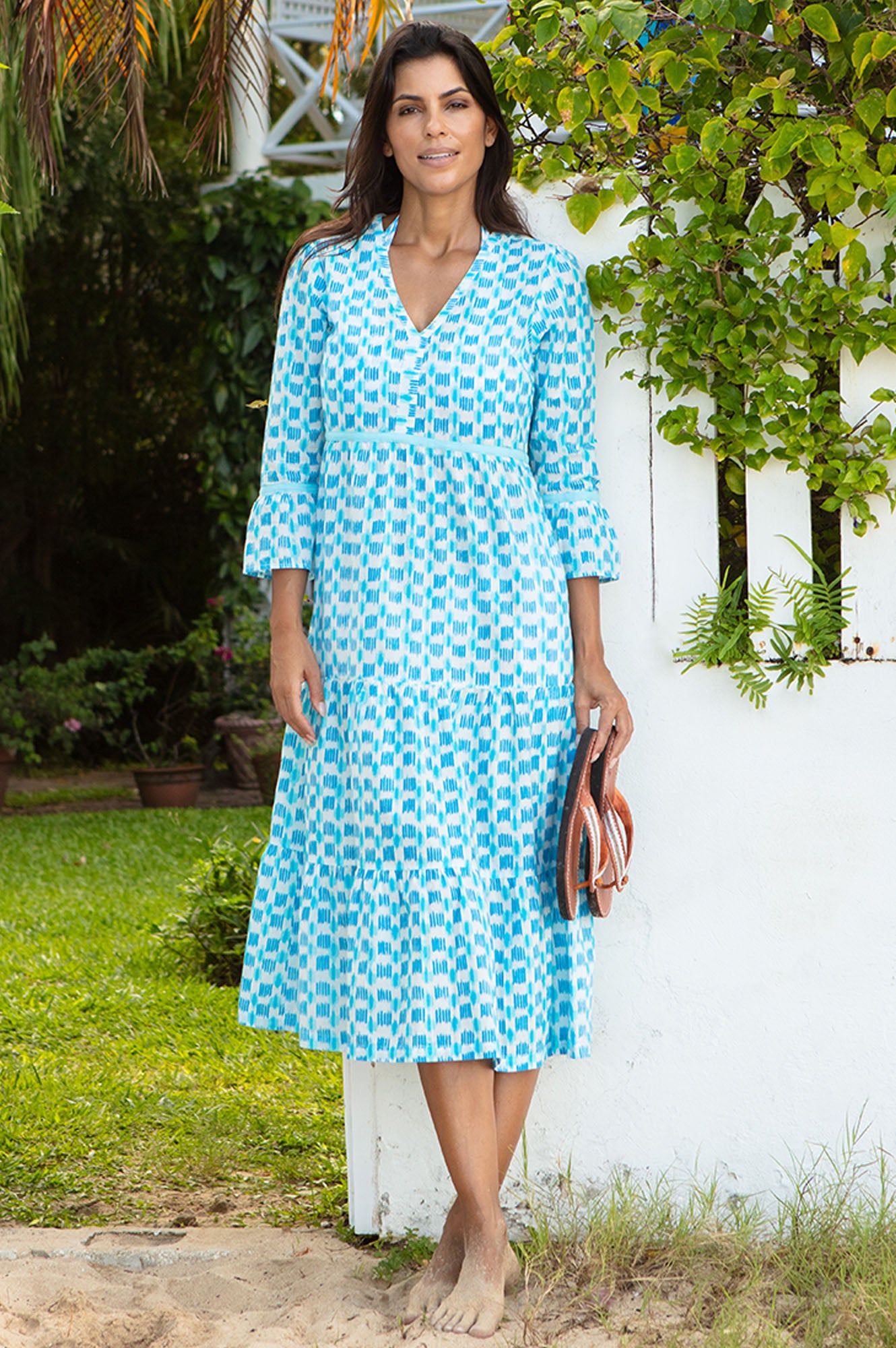 Hayden Organic Cotton Block Print Dress | Ikat white/turquoise