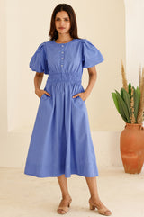 Chambray Puff Sleeve Shirt Dress | Blue