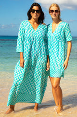 Santorini Cotton Kaftan | White/Turquoise - Aspiga