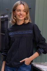 Seersucker Embroidered Blouse | Navy