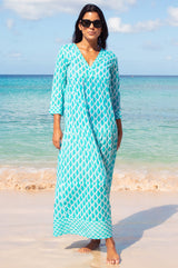 Mykonos Maxi Dress | Palm White/Turquoise - Aspiga