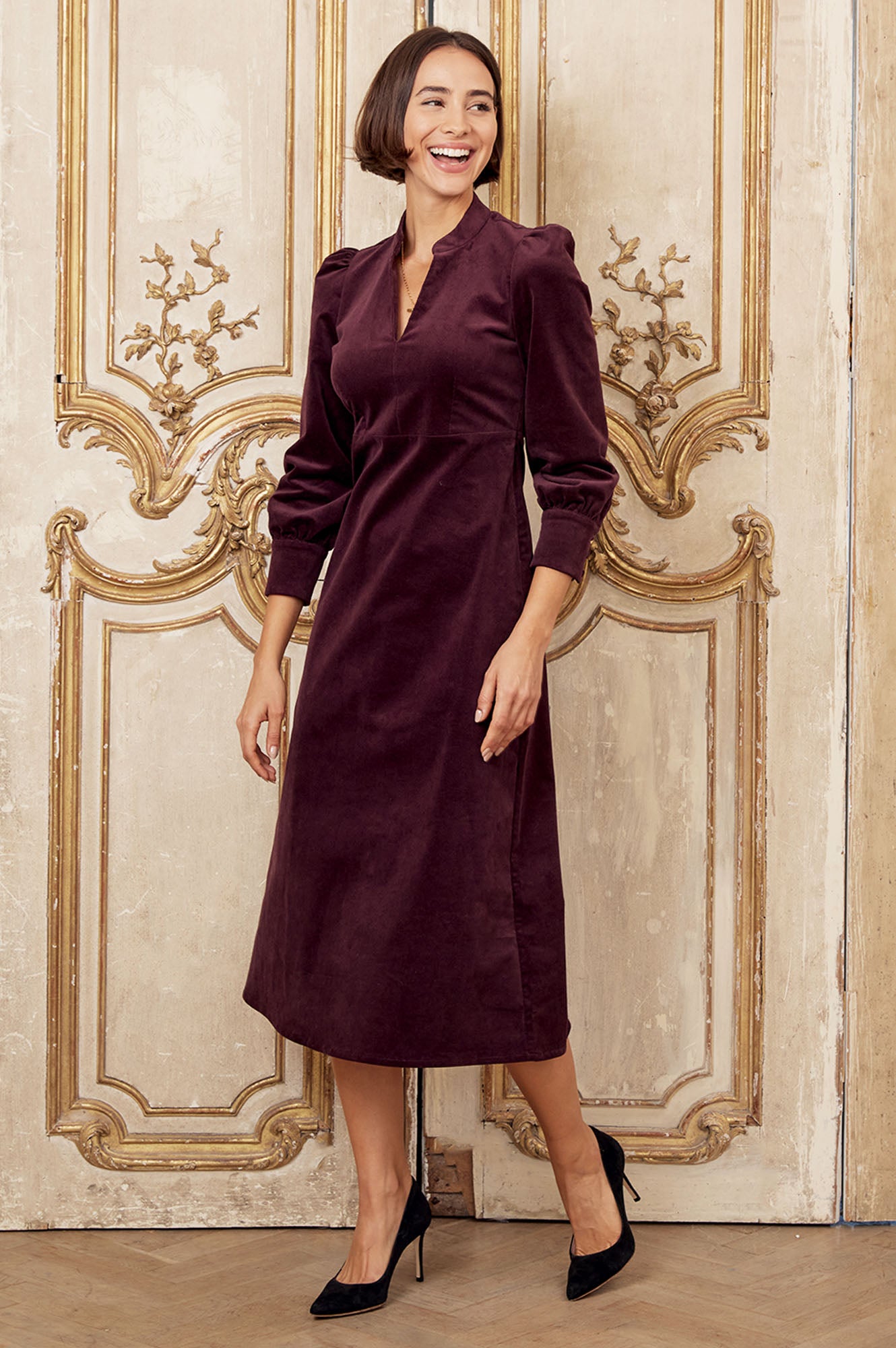 Aspiga Ladies Sustainable Enid Stretch Corduroy Cotton Dress Burgundy