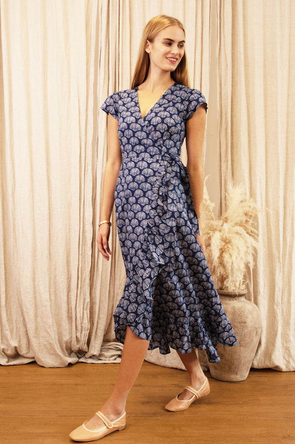 Demi Organic Cotton Wrap Dress | Shell Navy/White